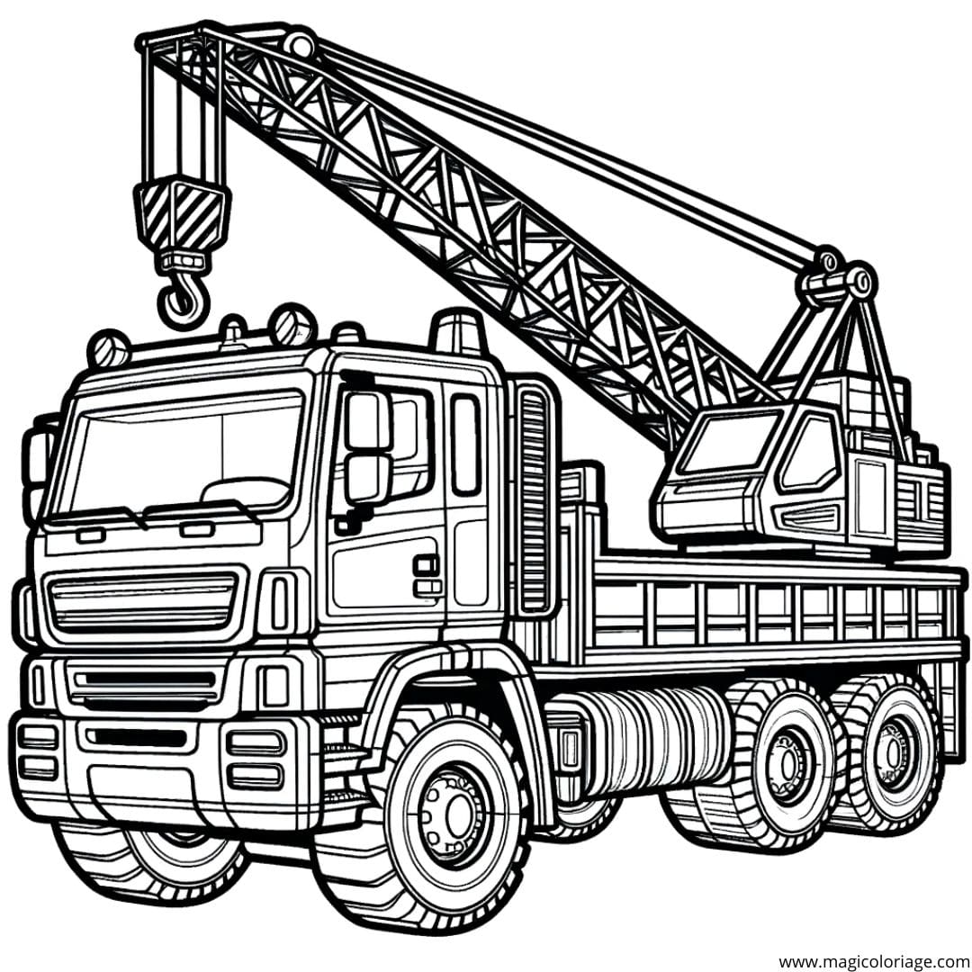 Coloriage d'un camion de chantier avec grue, dessin robuste pour enfants.