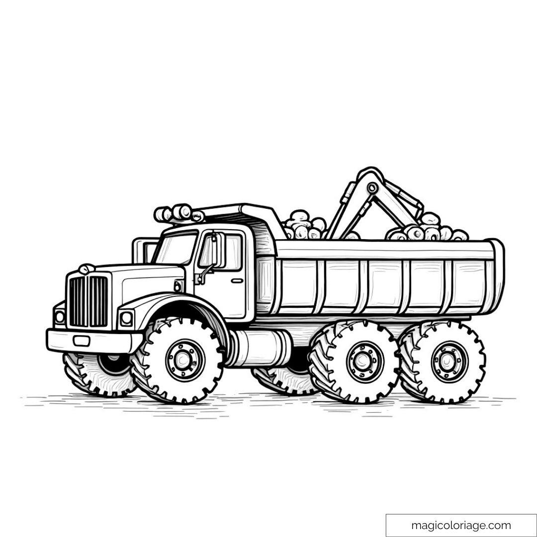 Camion de chantier avec charge lourde à colorier.