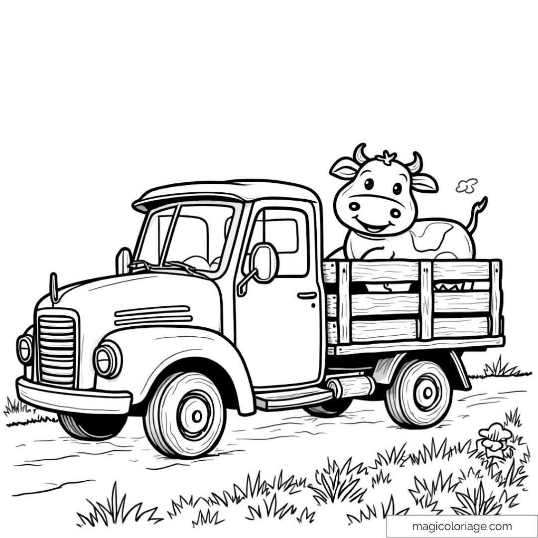 Image d’un camion vintage avec une vache souriante dans la remorque pour coloriage