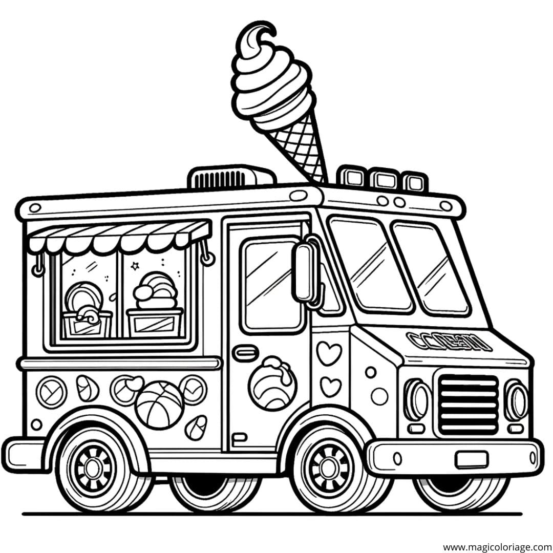 Coloriage d'un camion de glaces, dessin joyeux pour enfants.
