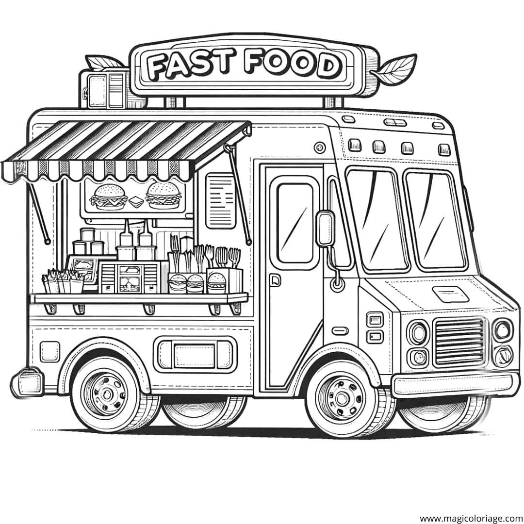 Coloriage d'un camion de restauration rapide, dessin appétissant pour enfants.