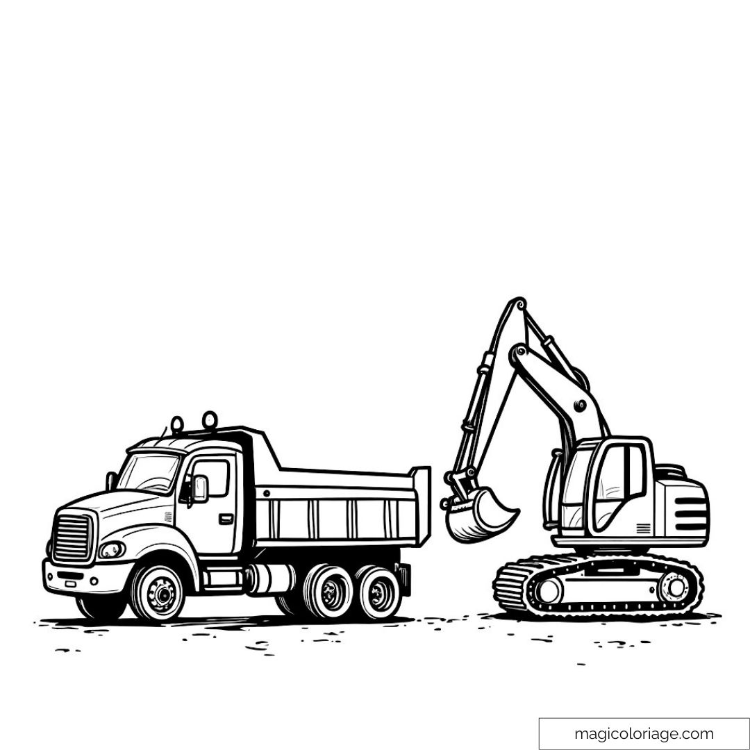 Dessin d’une excavatrice et d’un camion sur un chantier