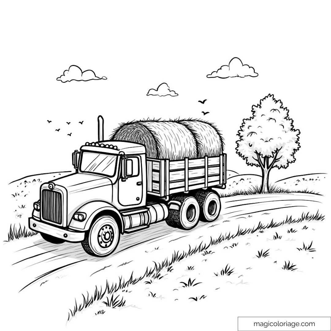 Coloriage de camion de ferme avec bottes de foin sur la route