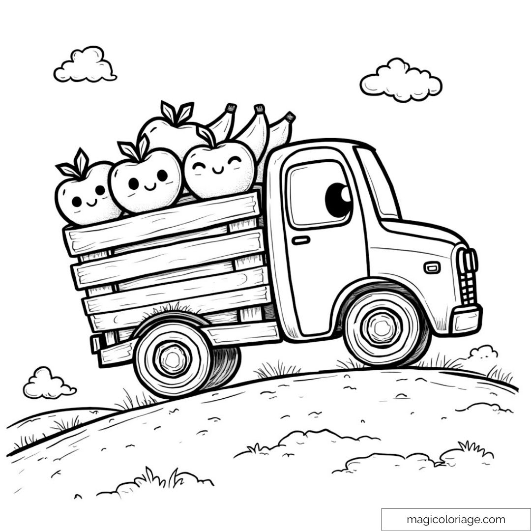 Dessin de camion avec fruits souriants