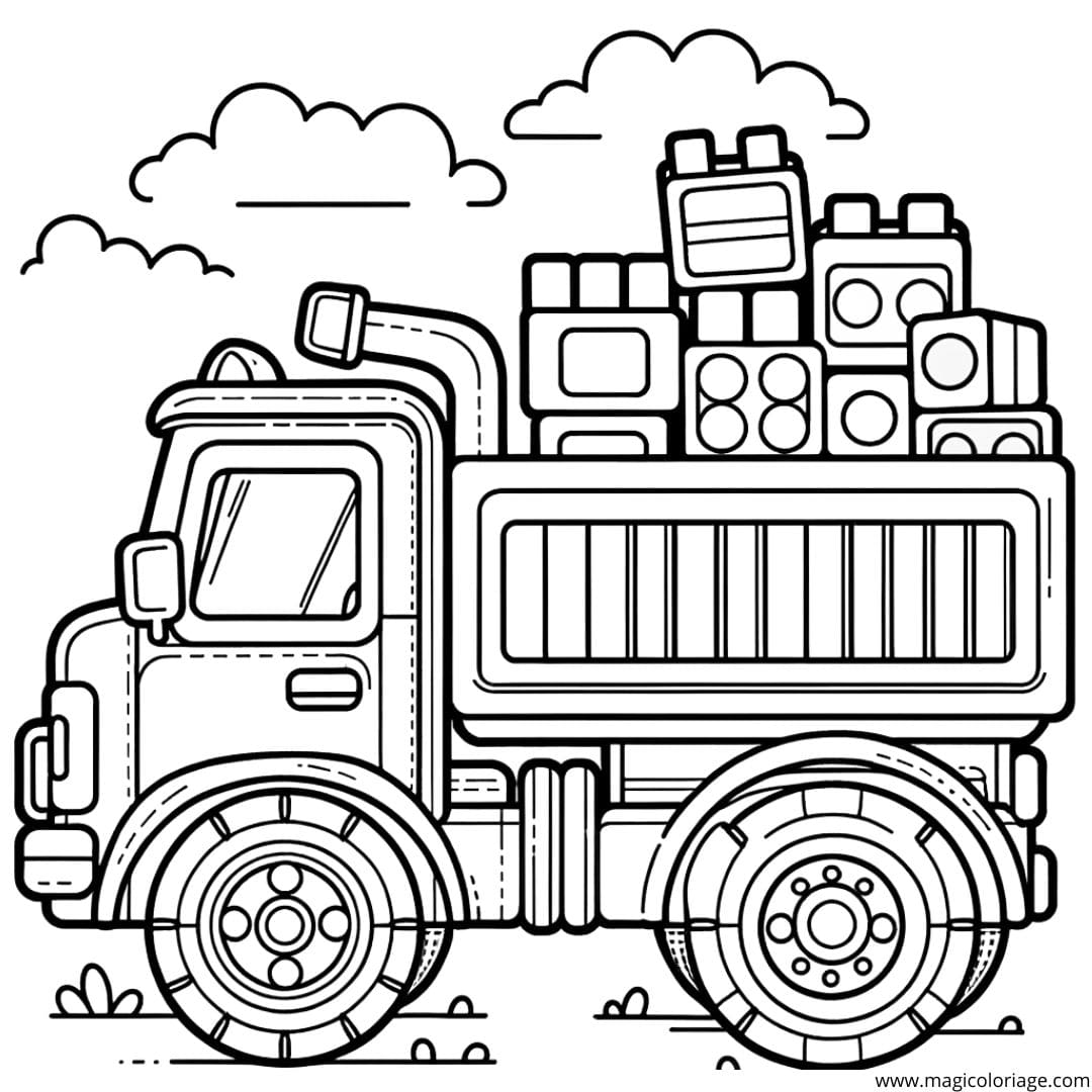 Coloriage d'un camion jouet avec des blocs de construction, dessin inspirant pour les tout-petits.