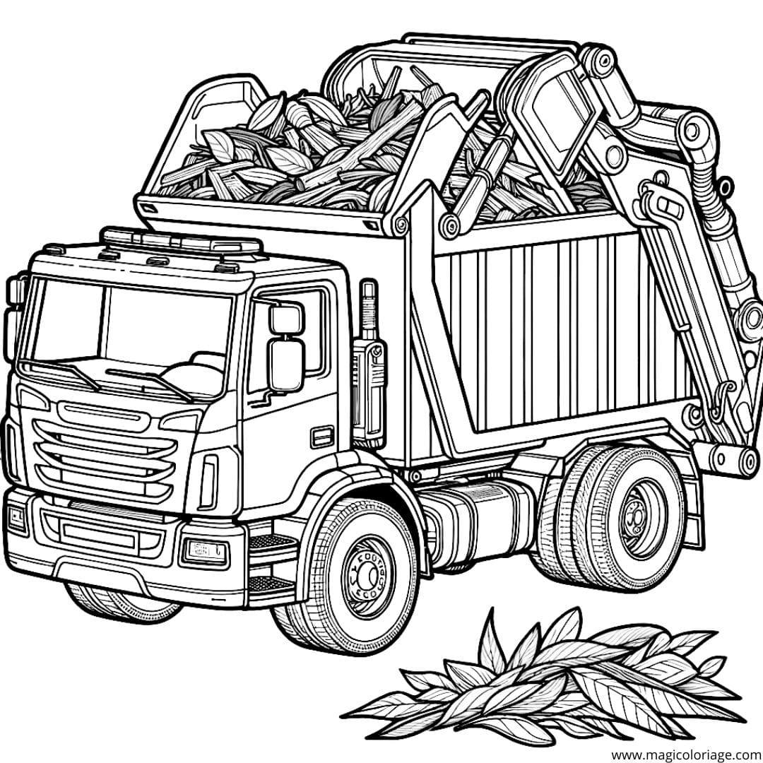 Coloriage d'un camion poubelle pour déchets verts, dessin écologique pour enfants.
