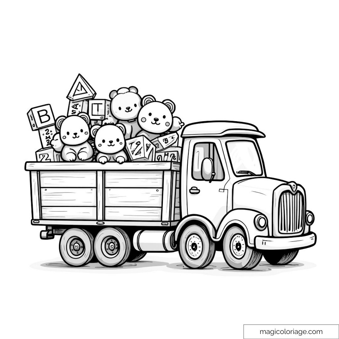 Coloriage d'un camion jouet avec des oursons et des blocs.