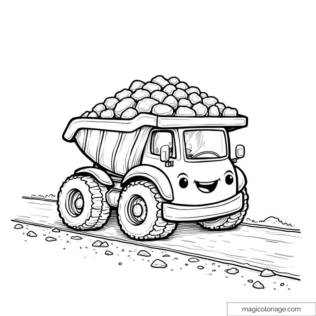 Camion jovial transportant des pierres sur un chemin pour enfants.