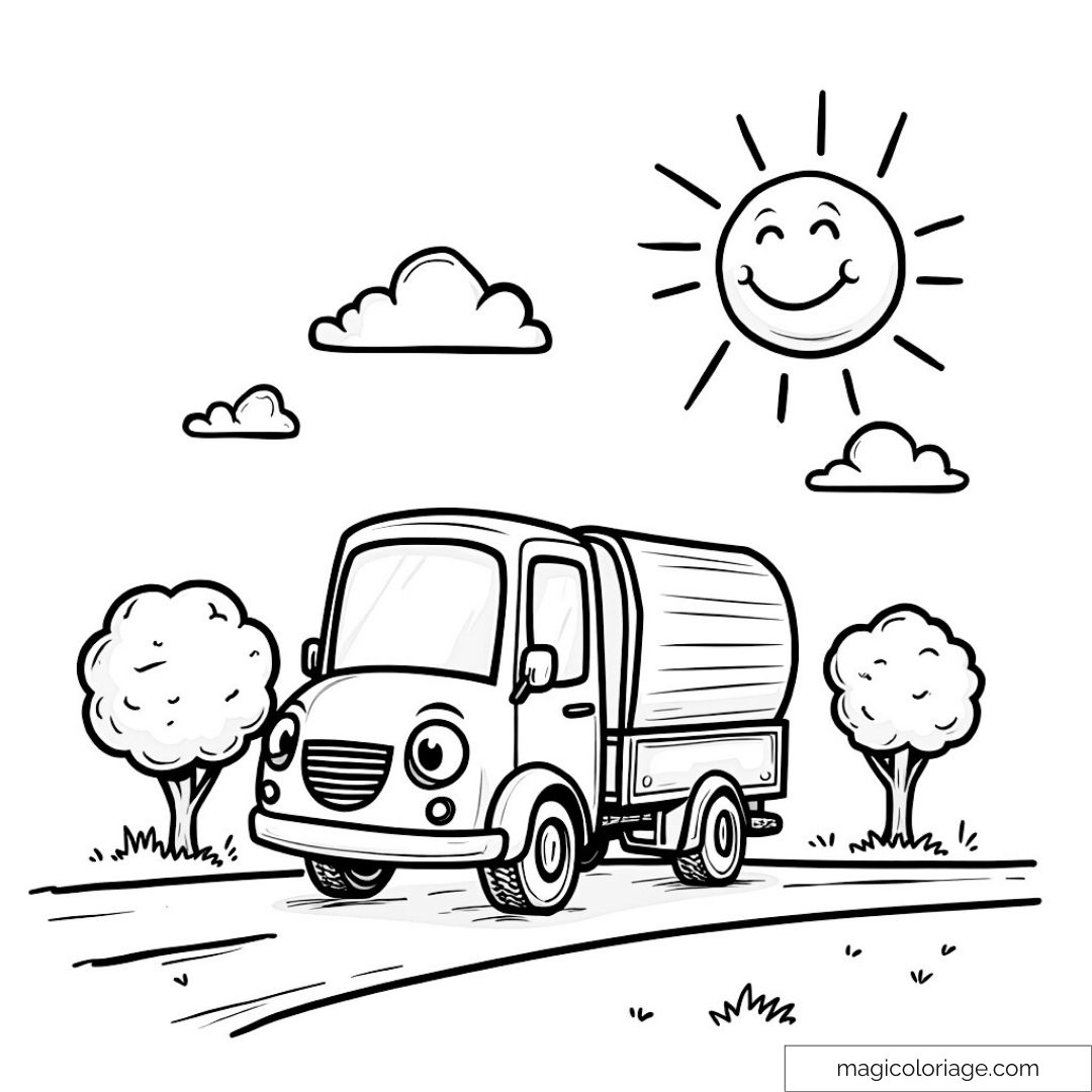 Camion souriant sur route avec soleil et arbres.