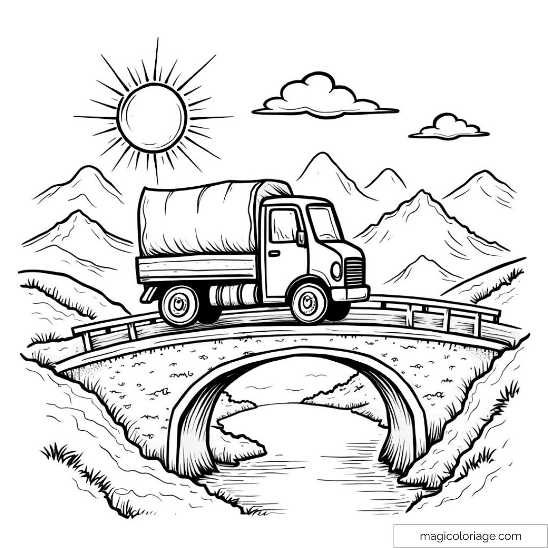 Dessin de camion traversant un pont avec montagnes et soleil.