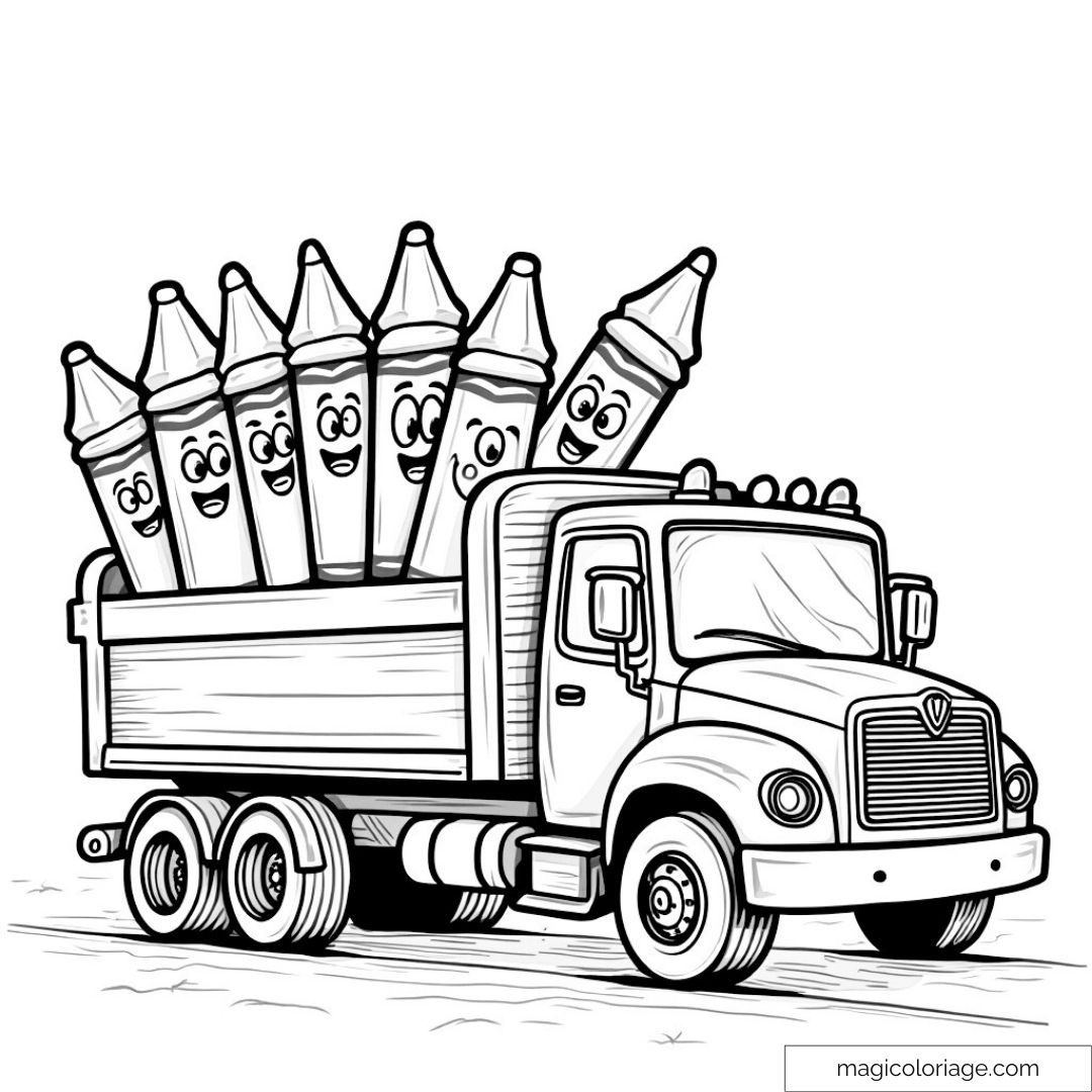 Camion avec crayons souriants à colorier.