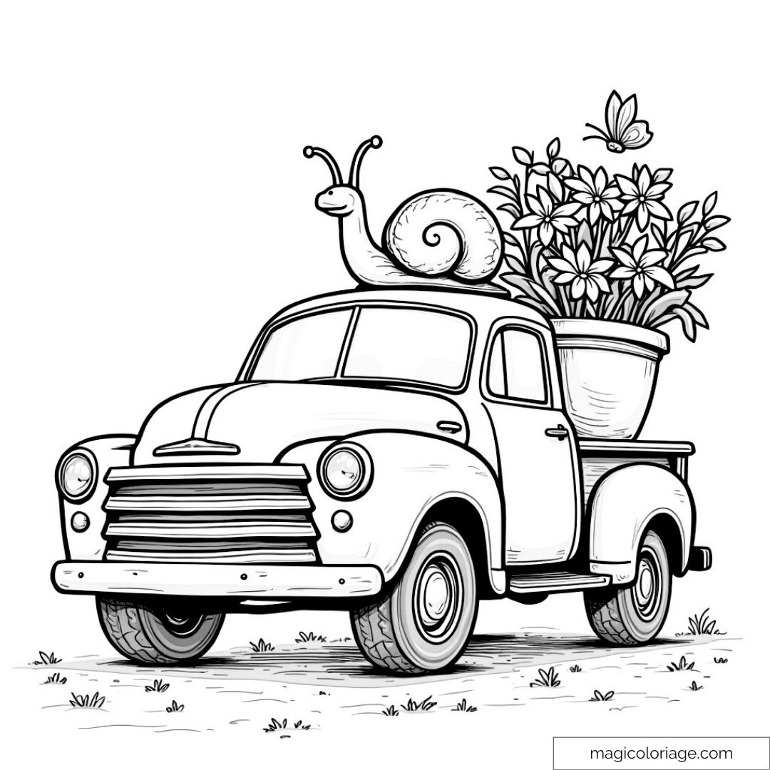 Dessin de camion ancien avec escargot et fleurs pour coloriage.