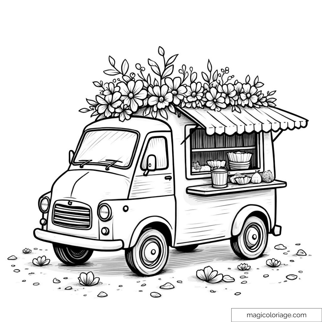 Camionnette vintage décorée de fleurs et de produits à colorier