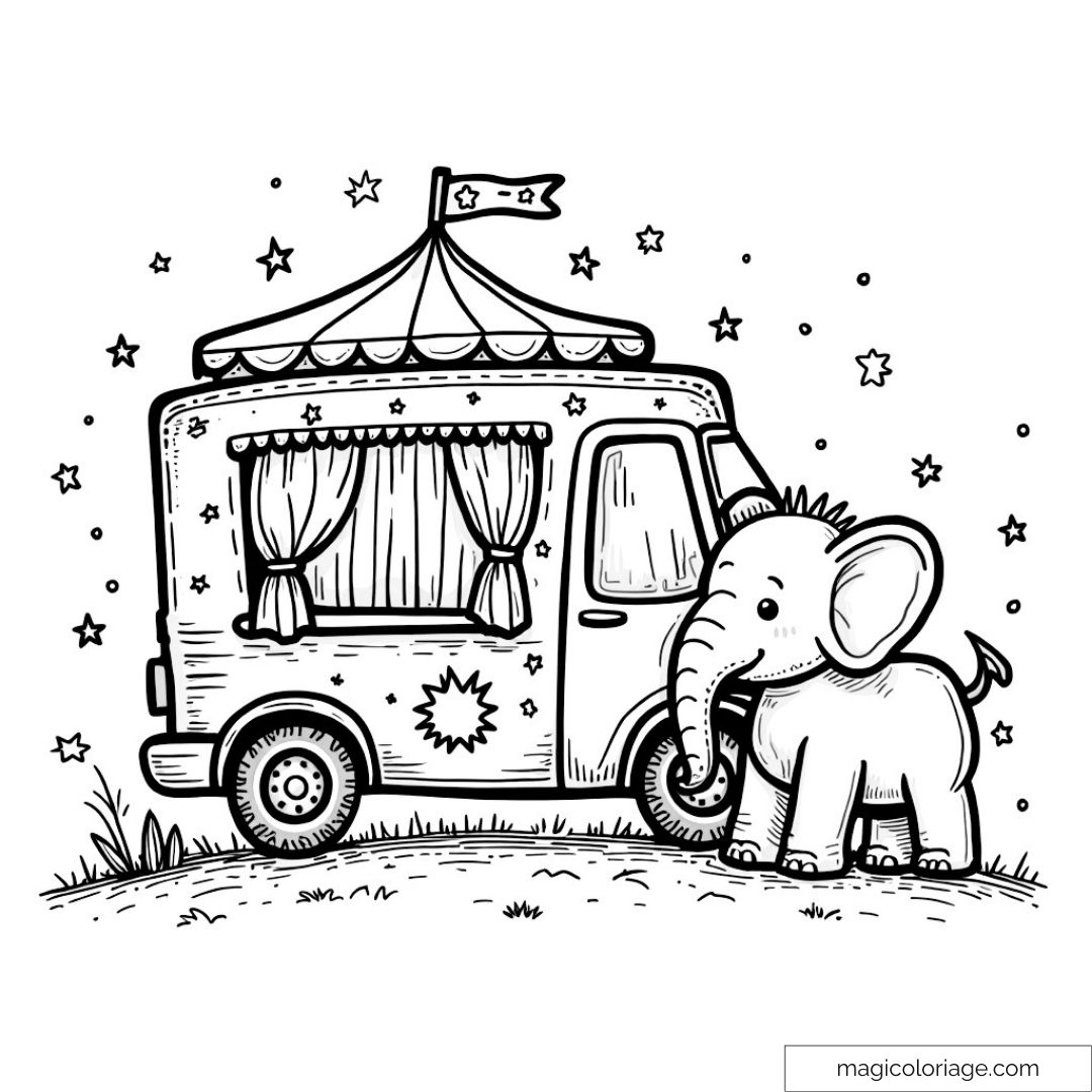 Éléphant devant un camion de cirque orné d'étoiles et drapeaux.