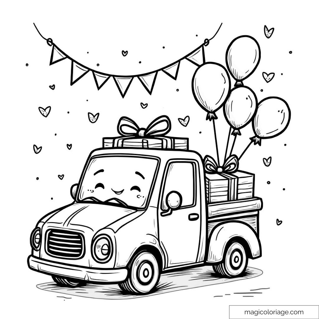 Camion festif avec ballons et cadeaux