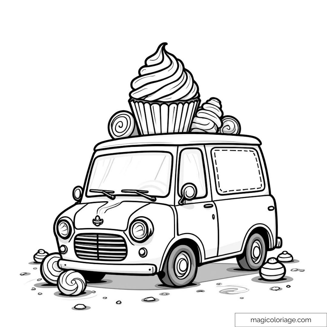 Dessin de van avec cupcake géant sur le toit et sucreries autour.