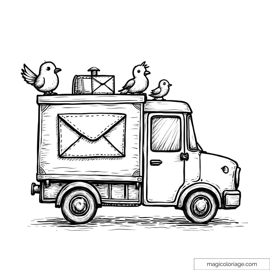Camion de poste avec enveloppe et oiseaux