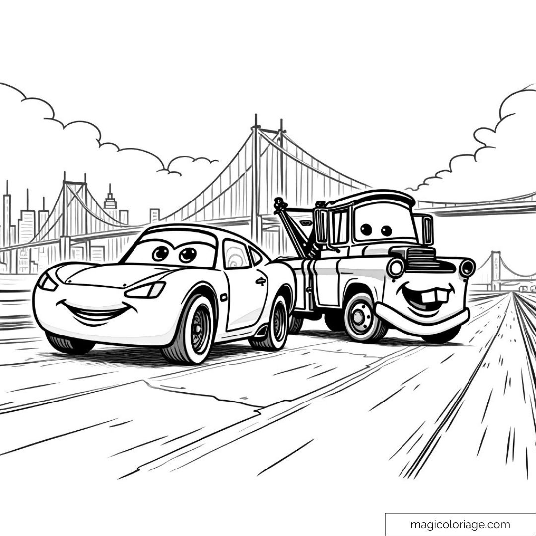 Dessin à colorier de Flash McQueen et Martin traversant un pont.