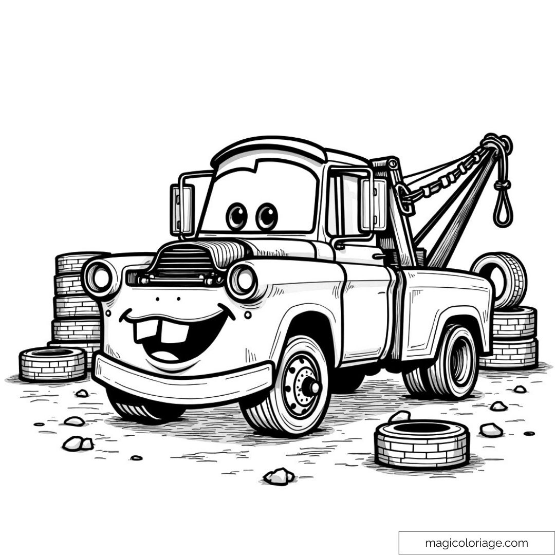 Dessin d'un camion de remorquage joyeux avec des pneus