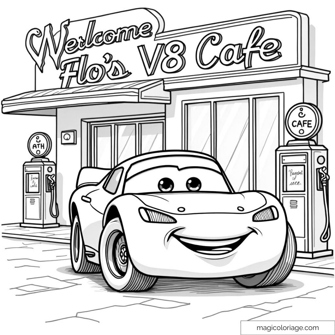 Dessin de Flash McQueen devant le V8 Café