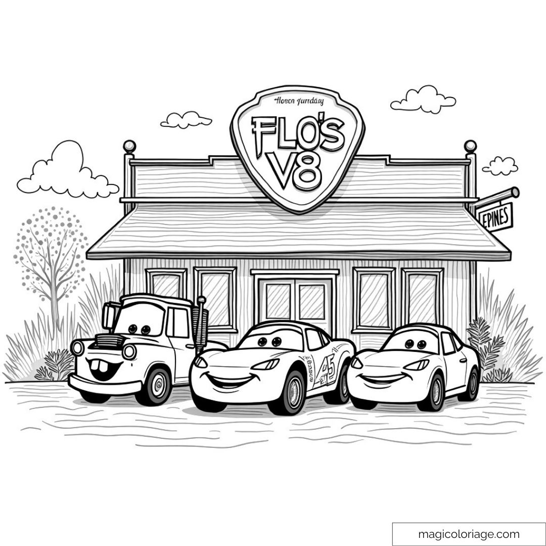 Dessin de Flash McQueen devant Flo's V8 avec ses amis