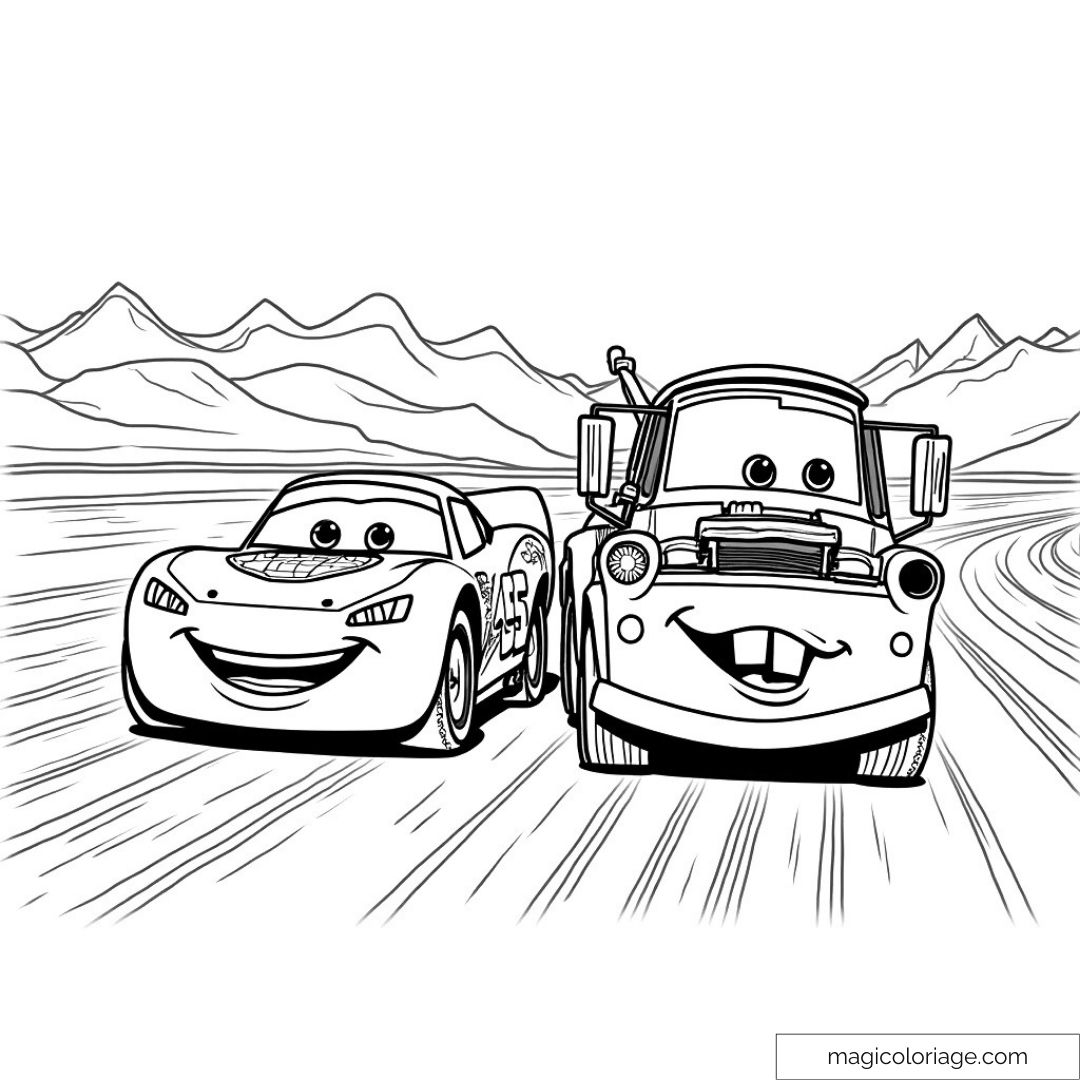 Flash McQueen et Martin en course sur une route montagneuse