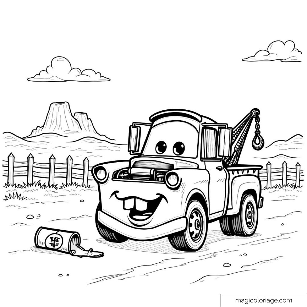 Dessin à colorier de Martin la dépanneuse dans un paysage désertique