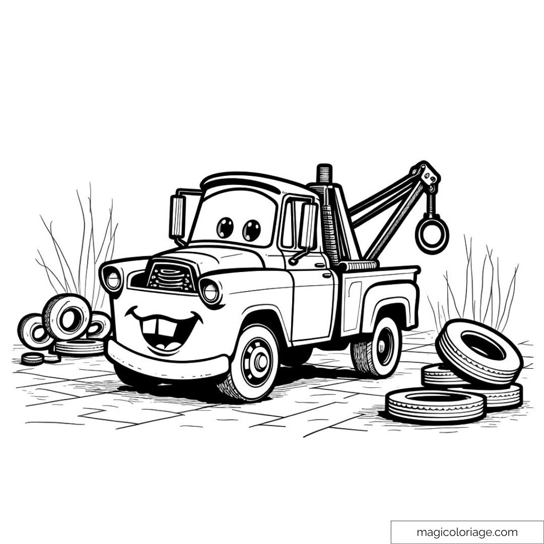 Dessin de dépanneuse souriante avec jouets pneus