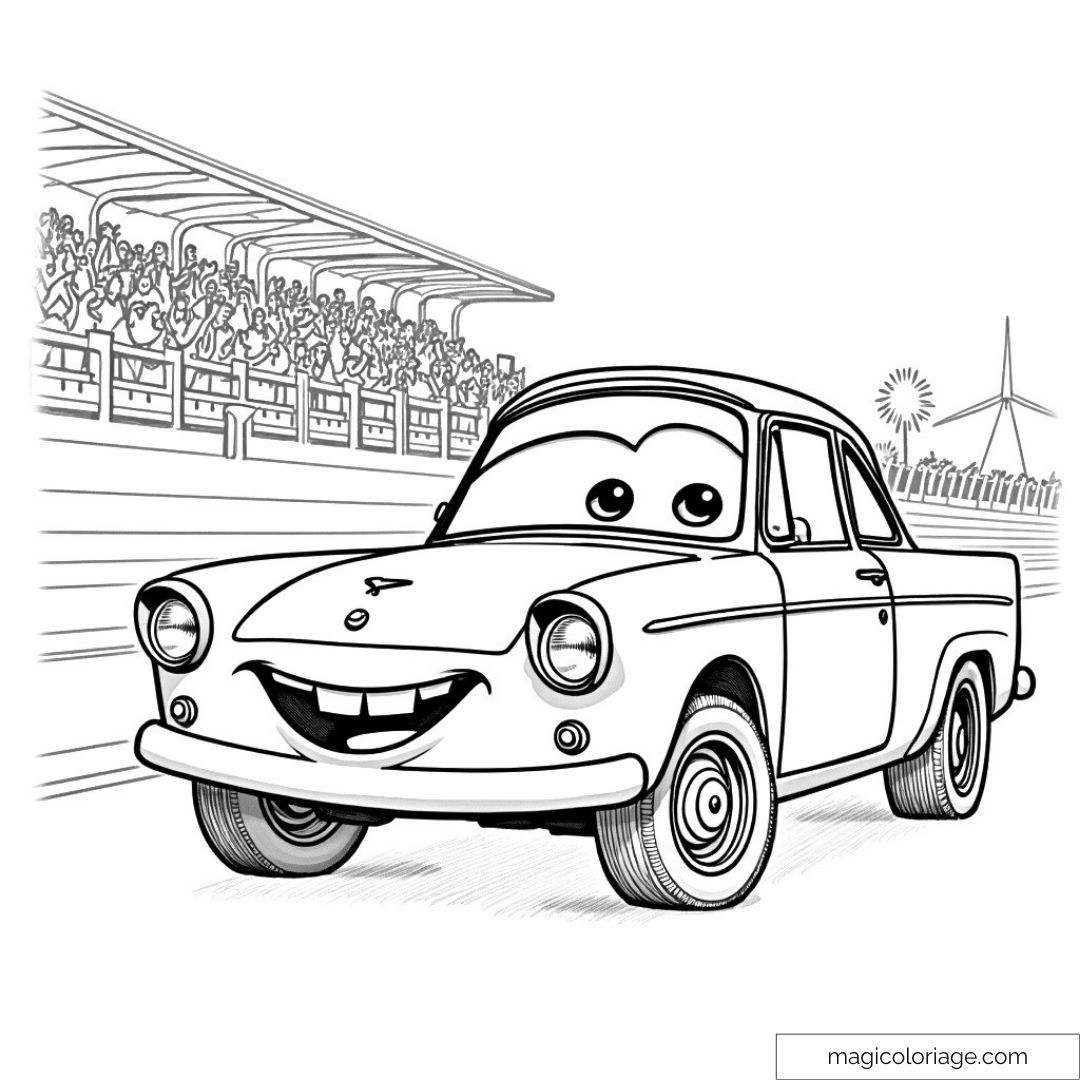 Voiture souriante sur circuit avec public enthousiaste