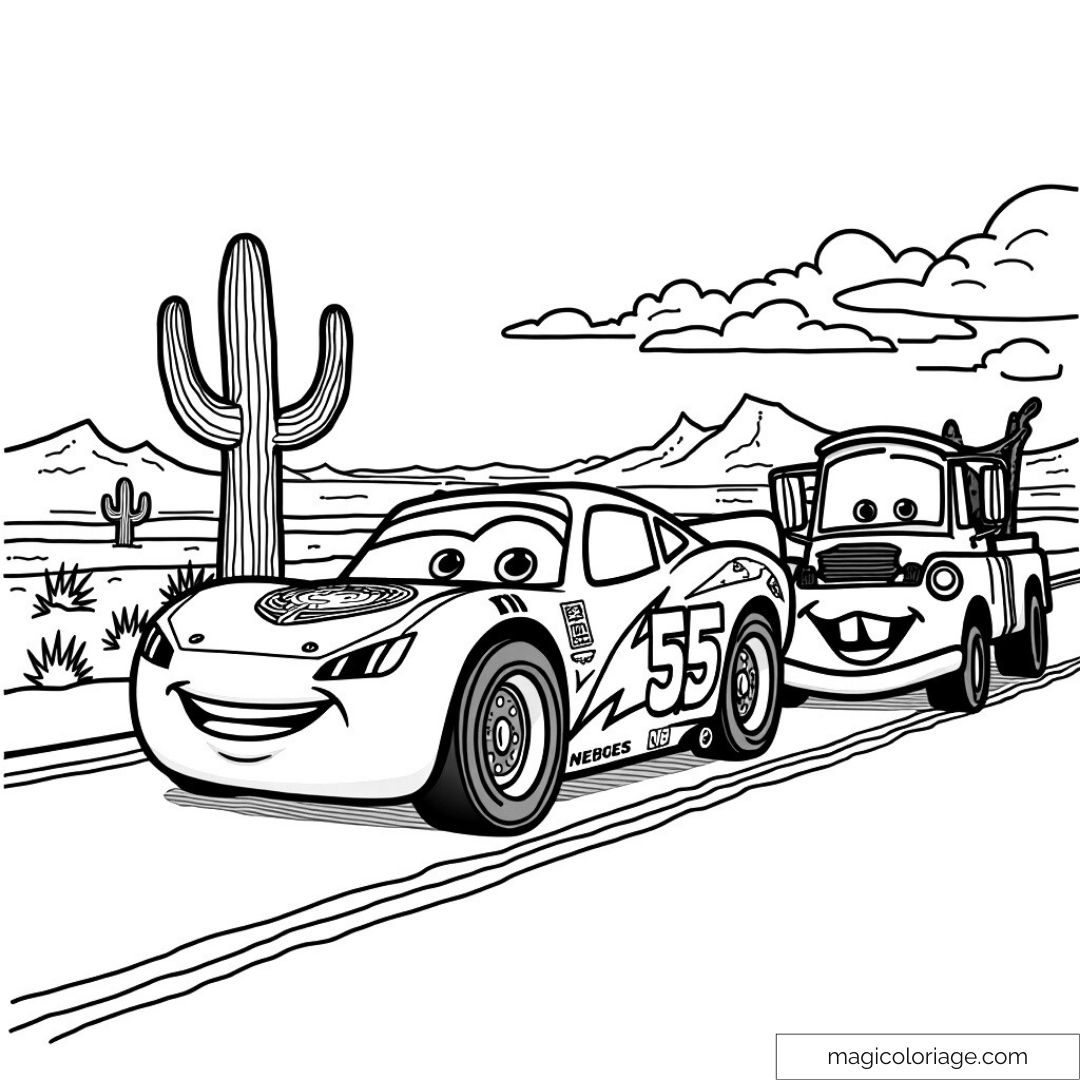 Coloriage Flash McQueen et Martin roulant dans le désert de Cars