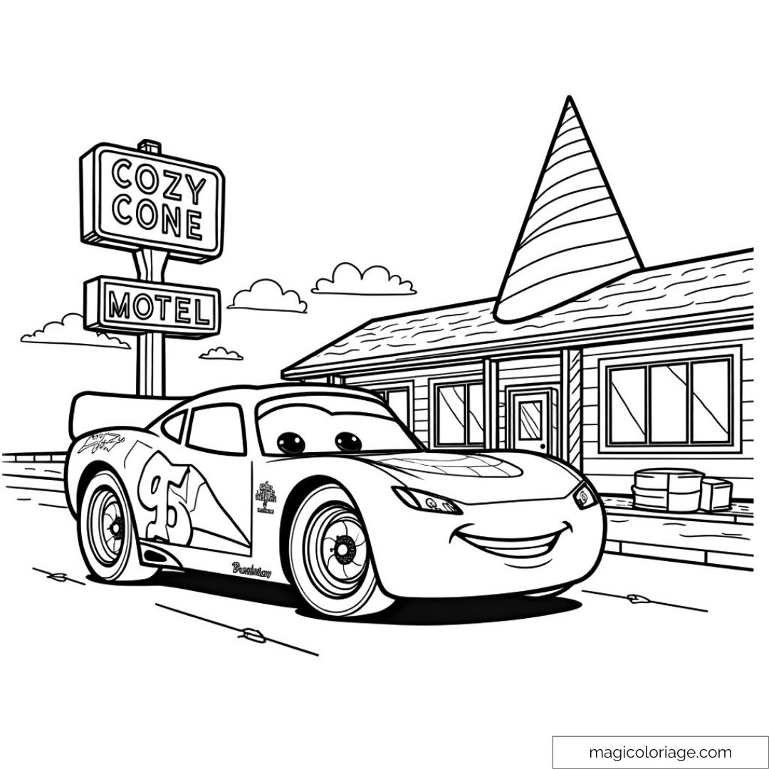 Illustration de Flash McQueen devant le Cozy Cone Motel à colorier.