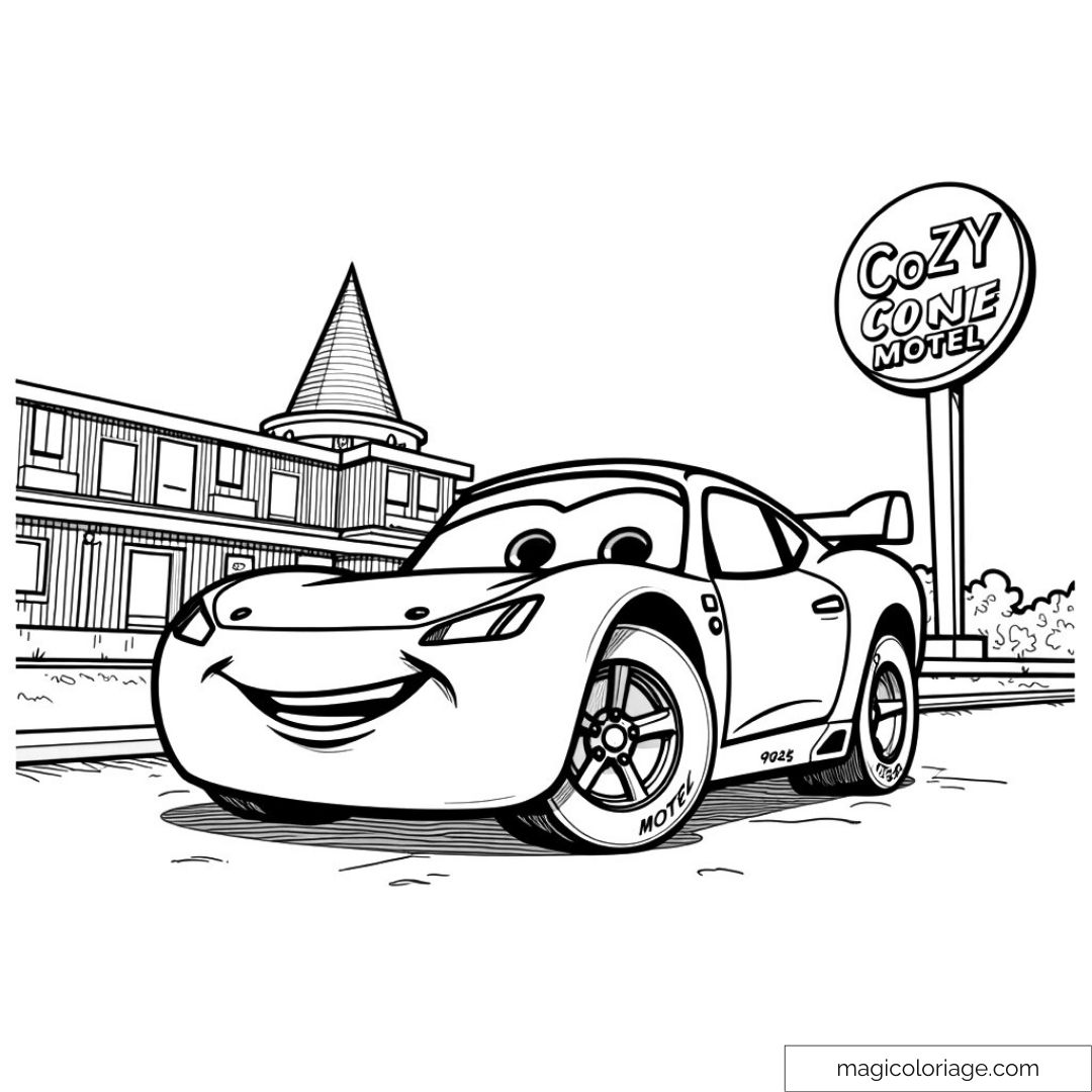 Dessin de Flash McQueen devant le Cozy Cone Motel
