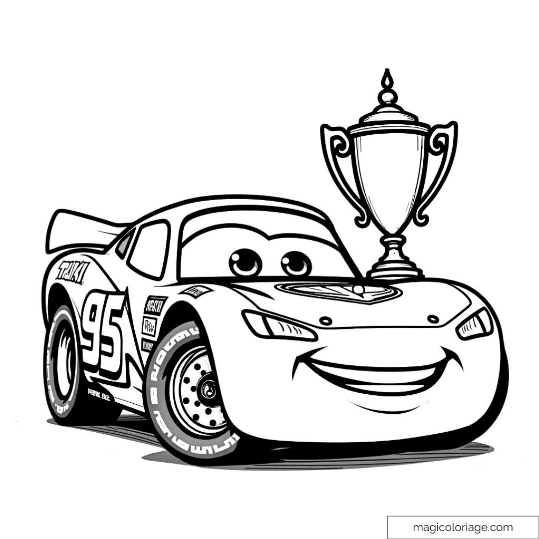 Coloriage de Flash McQueen et son trophée, parfait pour enfants et fans.