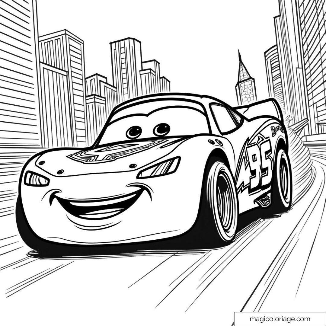 Dessin de Flash McQueen dans une rue de ville
