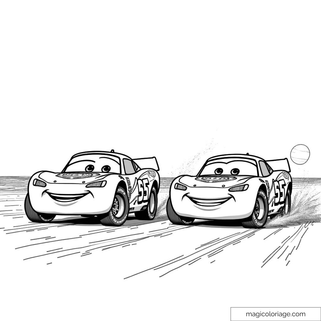 Dessin de voitures Cars Flash McQueen et Jackson Storm en course sur piste