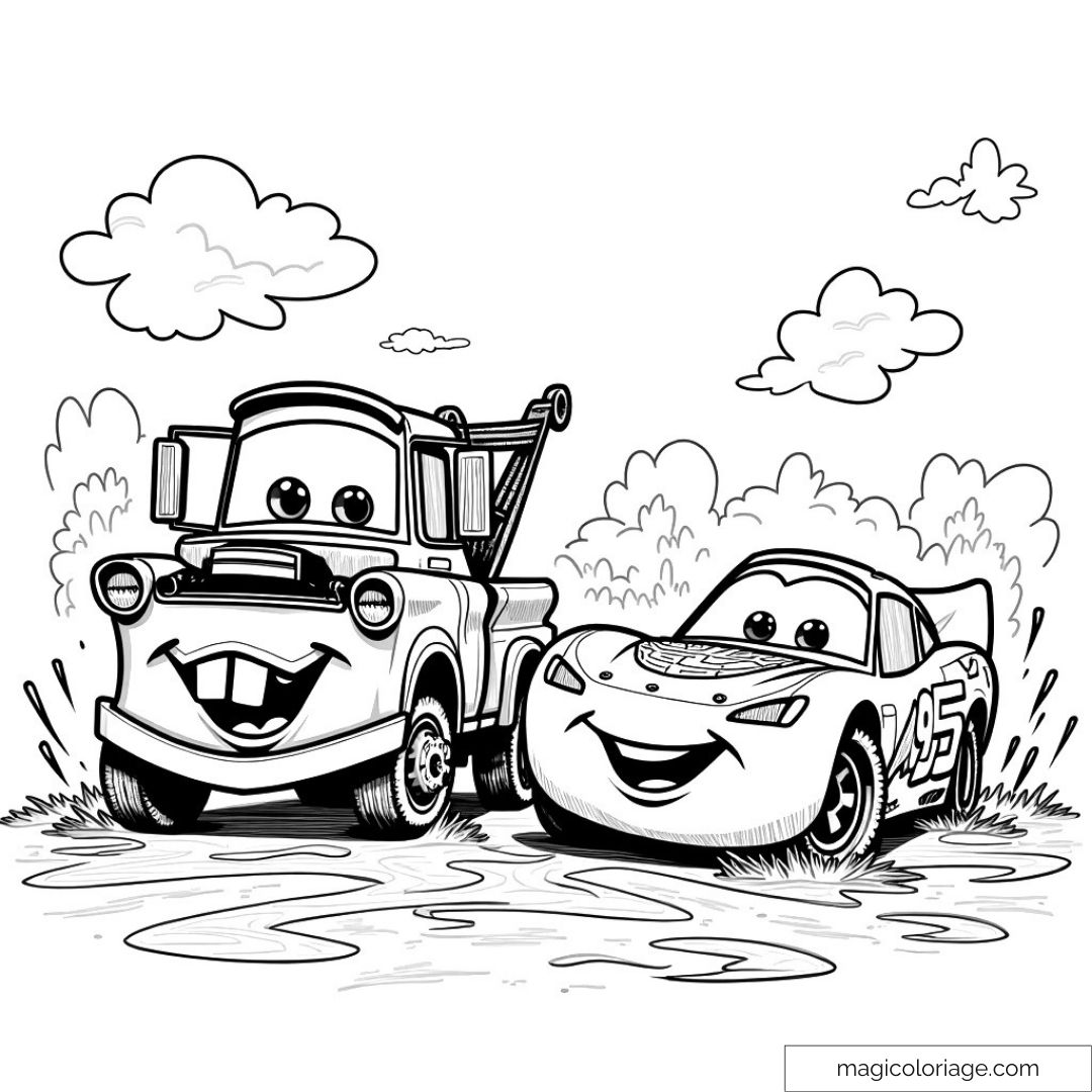 Dessin à colorier de Flash McQueen et Martin avec nuages en fond