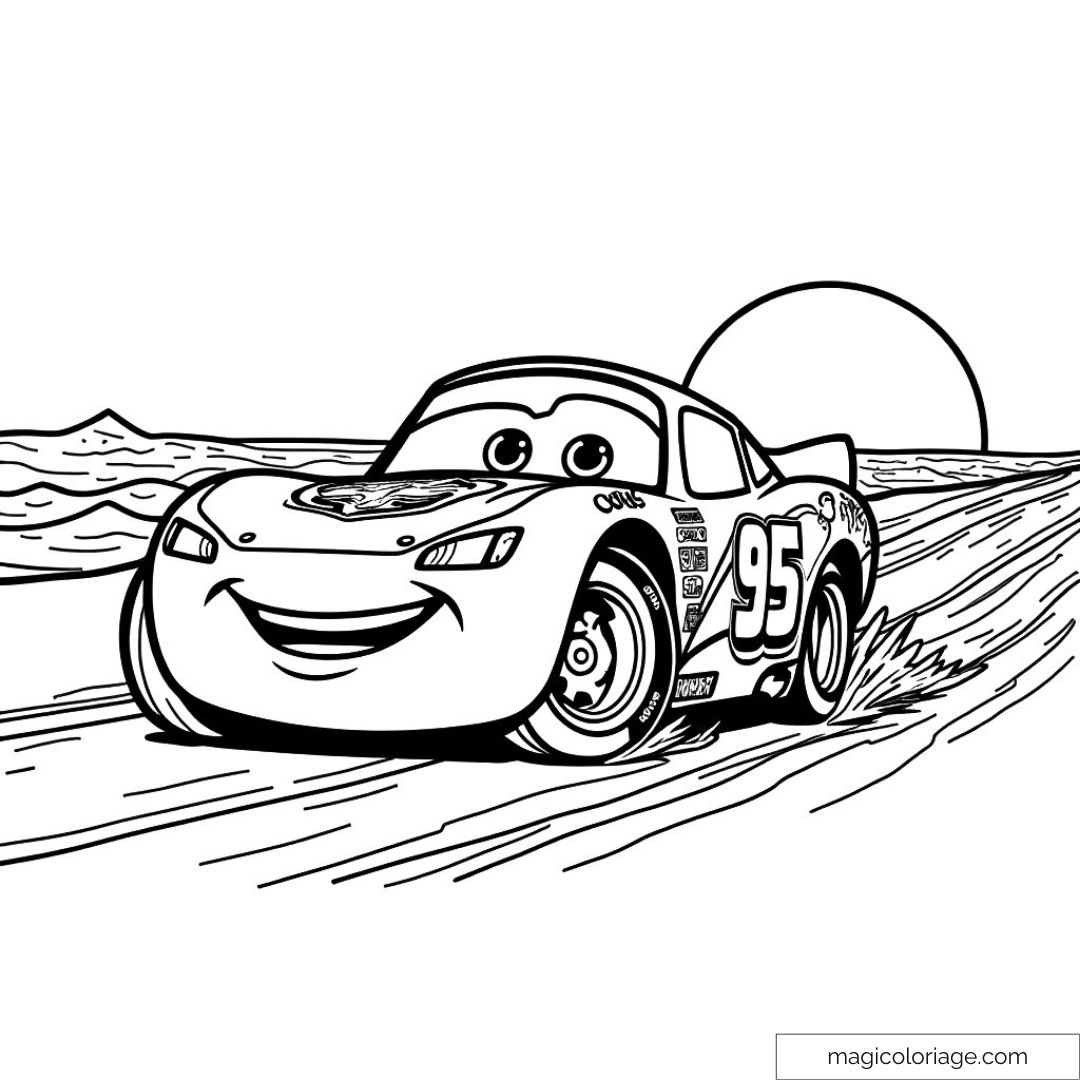 Dessin de Flash McQueen sur plage avec lever de soleil