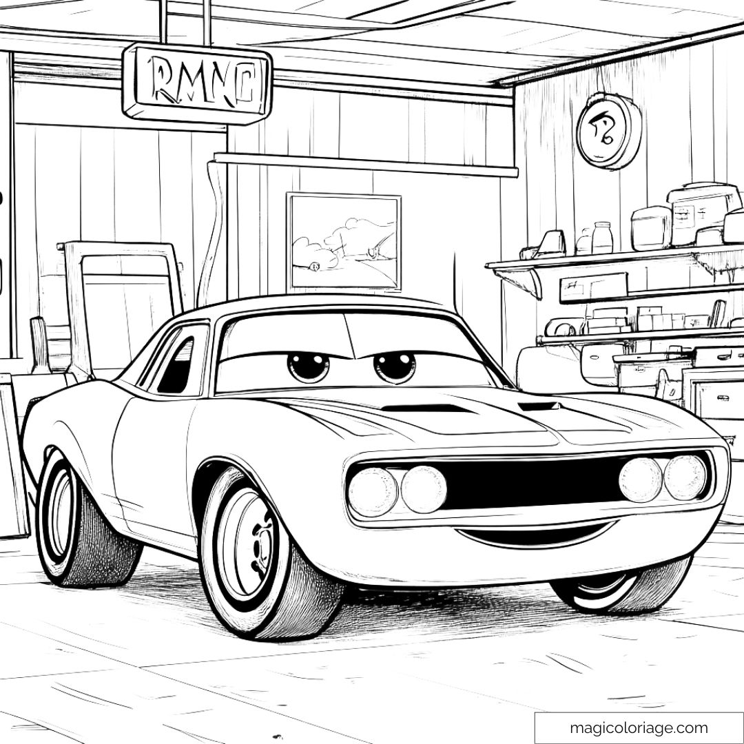 Voiture animée dans un garage avec détails réalistes inspirée de Cars