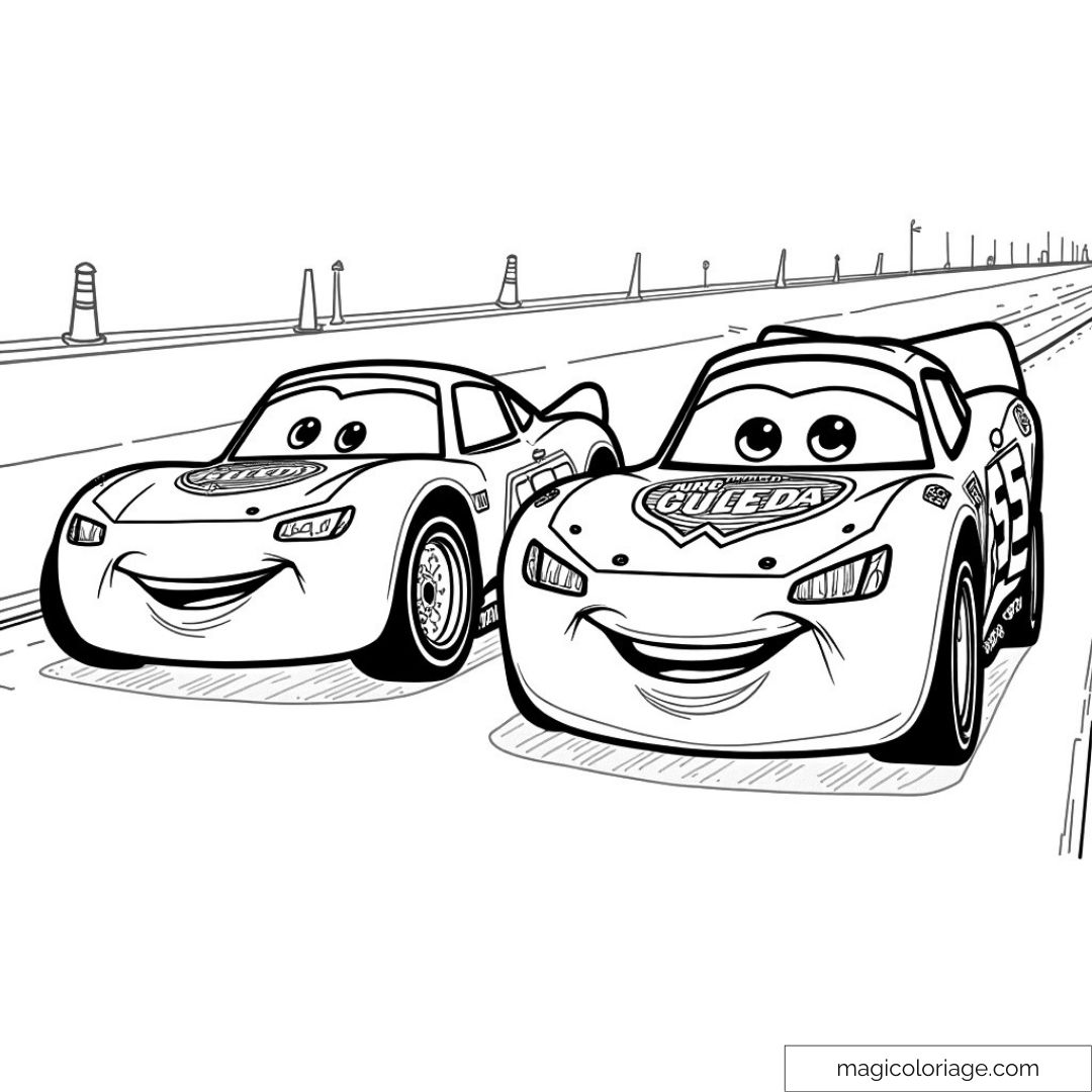 Dessin de voitures animées de Cars en course sur la piste.