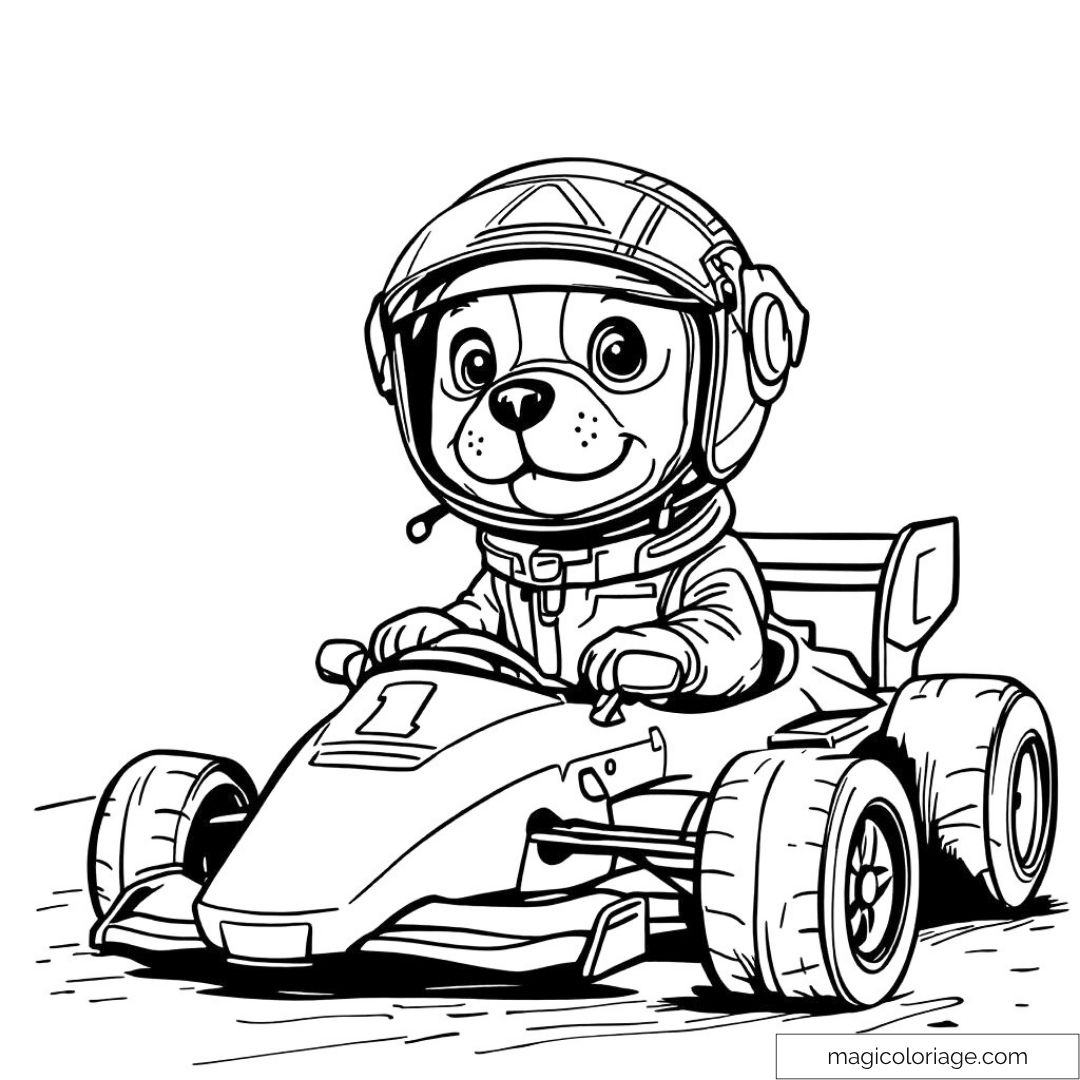 Chiot avec casque dans un karting prêt à colorier