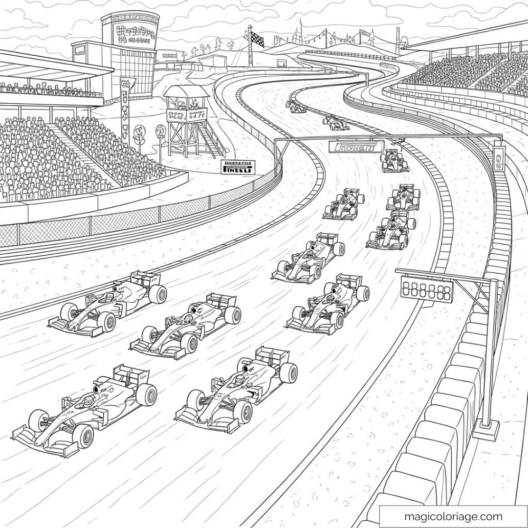 Dessin de voitures de course sur un circuit rempli de spectateurs.