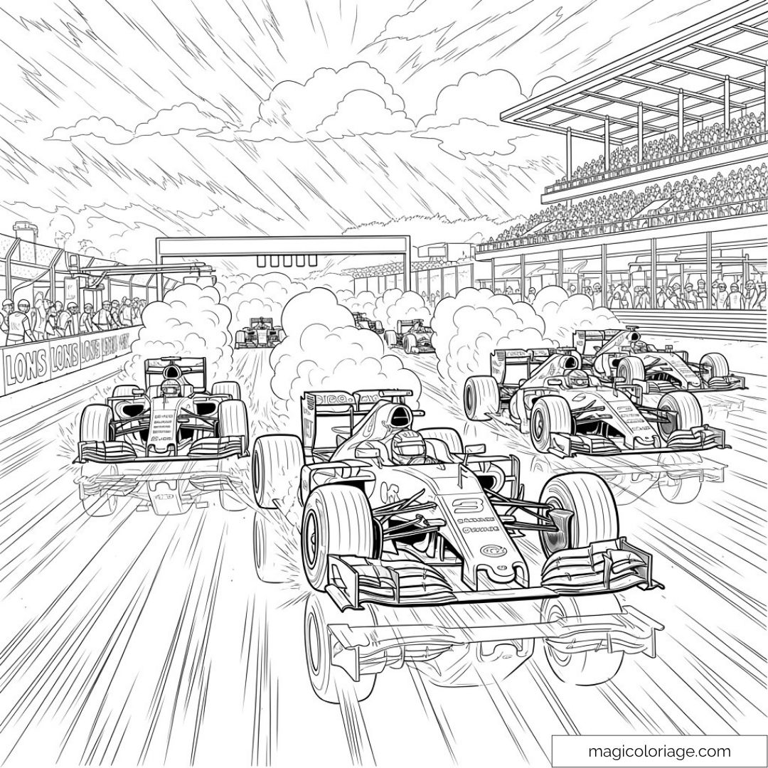 Dessin de voitures de Formule 1 en pleine course.