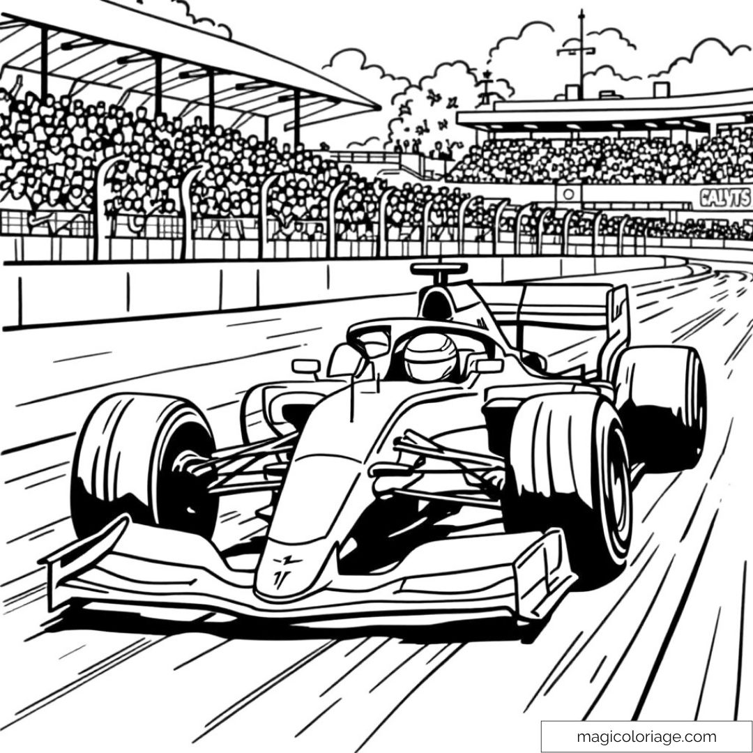 Voiture de course Formule 1 sur un circuit avec tribunes pleines.