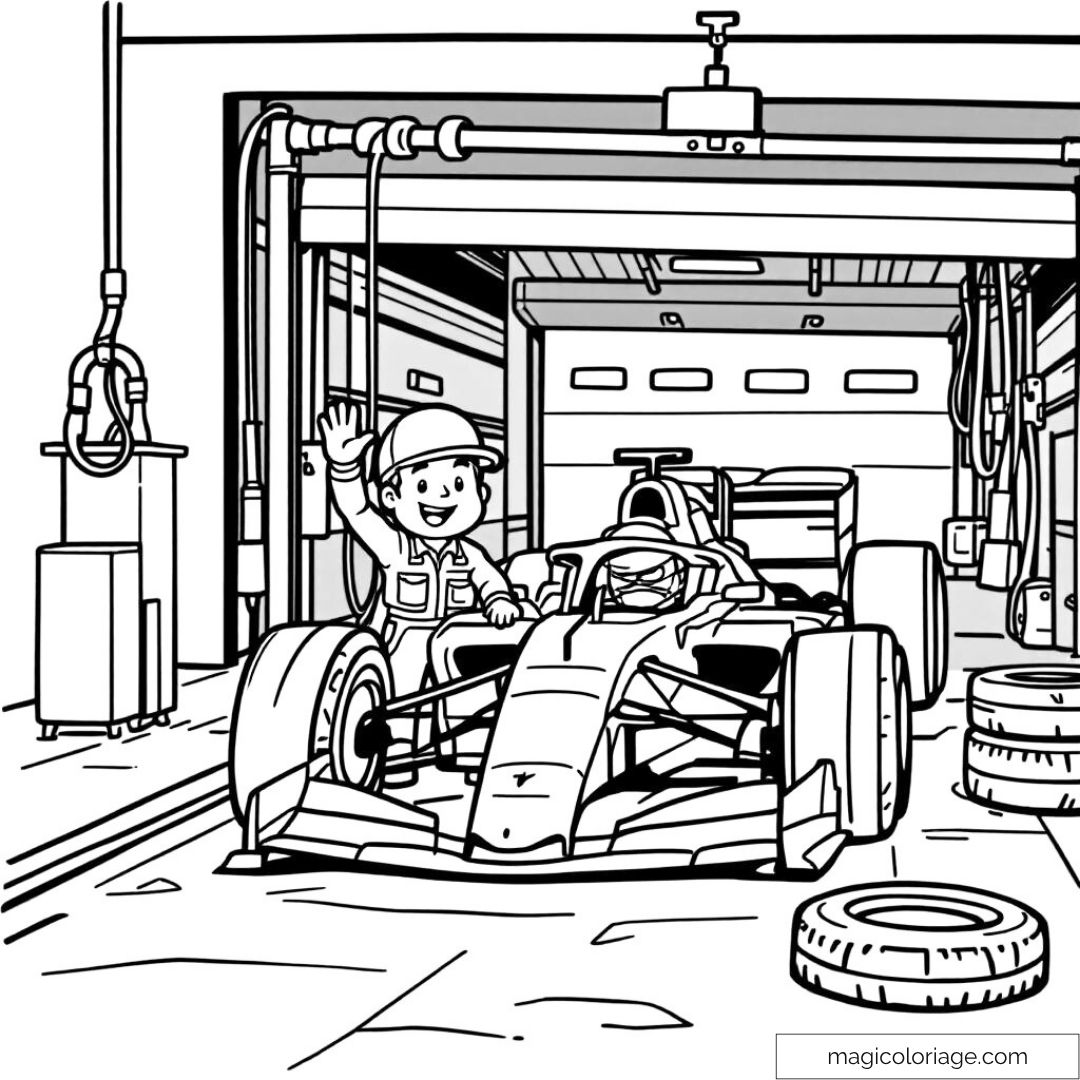 Dessin de voiture de Formule 1 dans un garage avec mécanicien souriant.