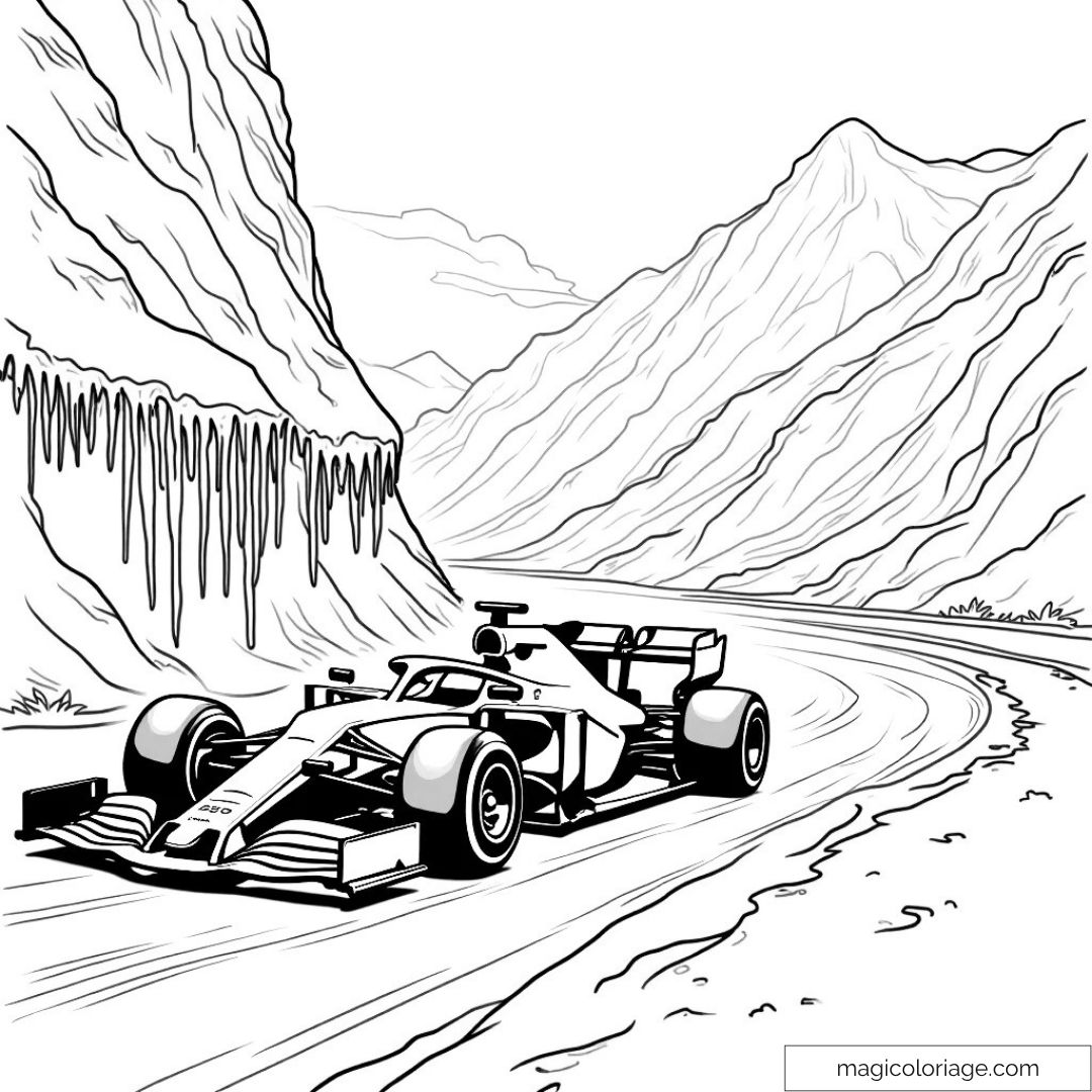 Voiture de Formule 1 sur route montagneuse sinueuse à colorier