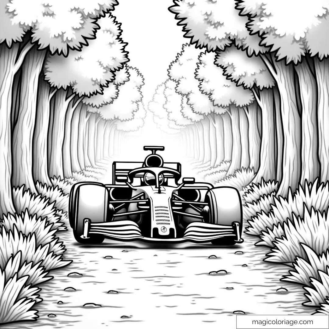 Voiture de Formule 1 au milieu d'une forêt pour coloriage
