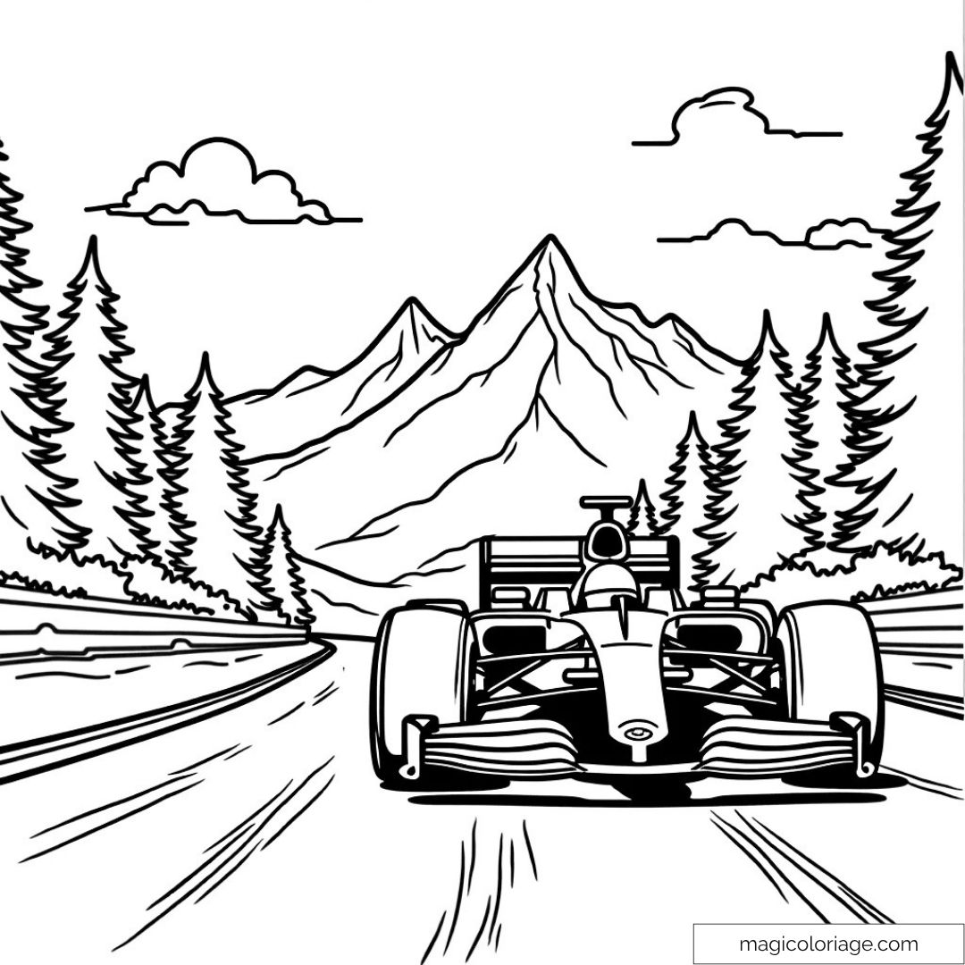 Coloriage voiture Formule 1 sur route montagneuse