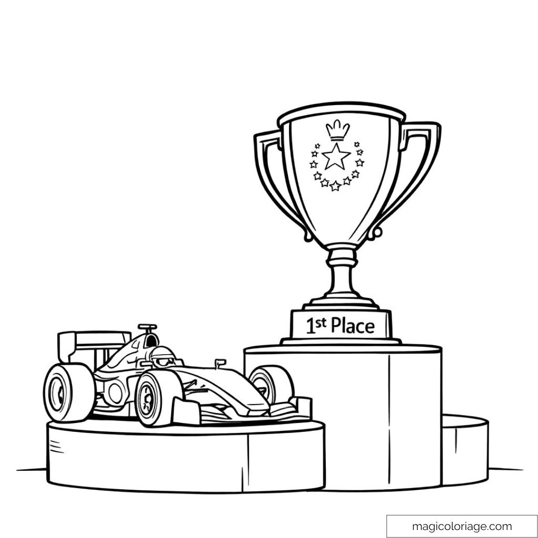 Voiture de course avec coupe de vainqueur sur podium à colorier.