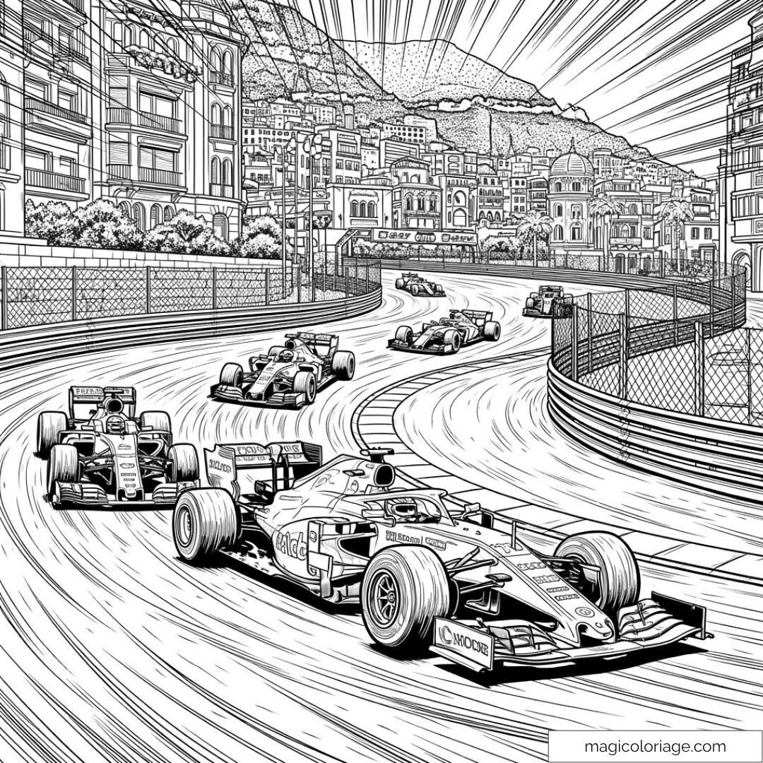 Dessin de voitures de course sur un circuit urbain sinueux à Monaco.