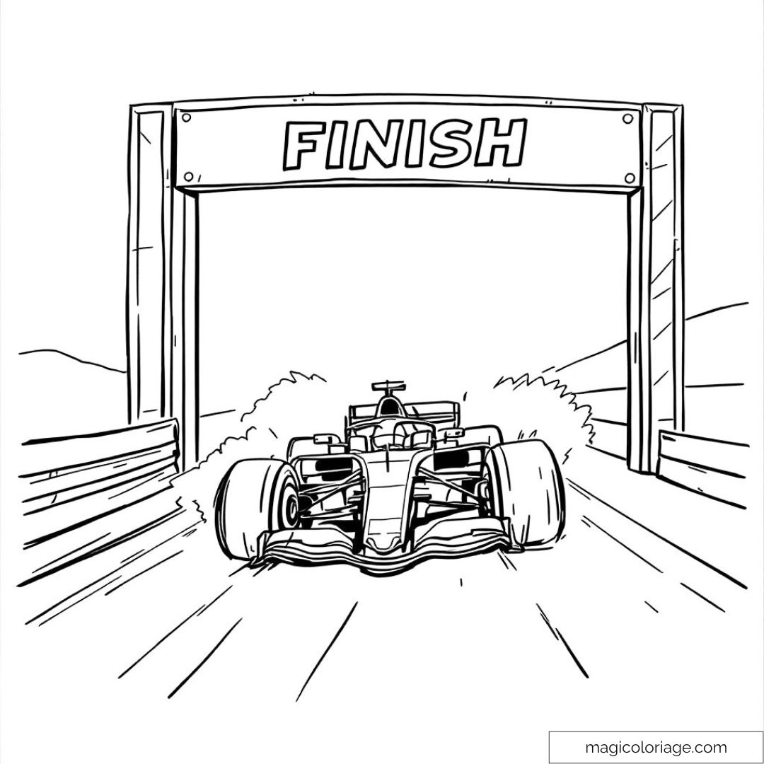 Dessin de voiture de course franchissant la ligne d'arrivée à colorier.